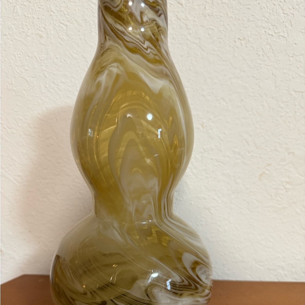 Vintage Huluping Hand Blown Amber and White Swirl Art Glass Double Gourd Vase.